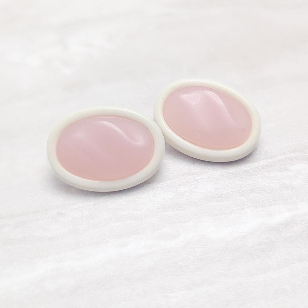 Vintage Clip On Earrings Large Pink & Cream Lucite Oval Retro Statement